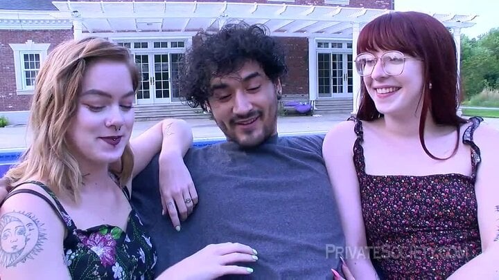 A Afro American Near The Pool Fucks A Blonde And A Red Haired Girl With